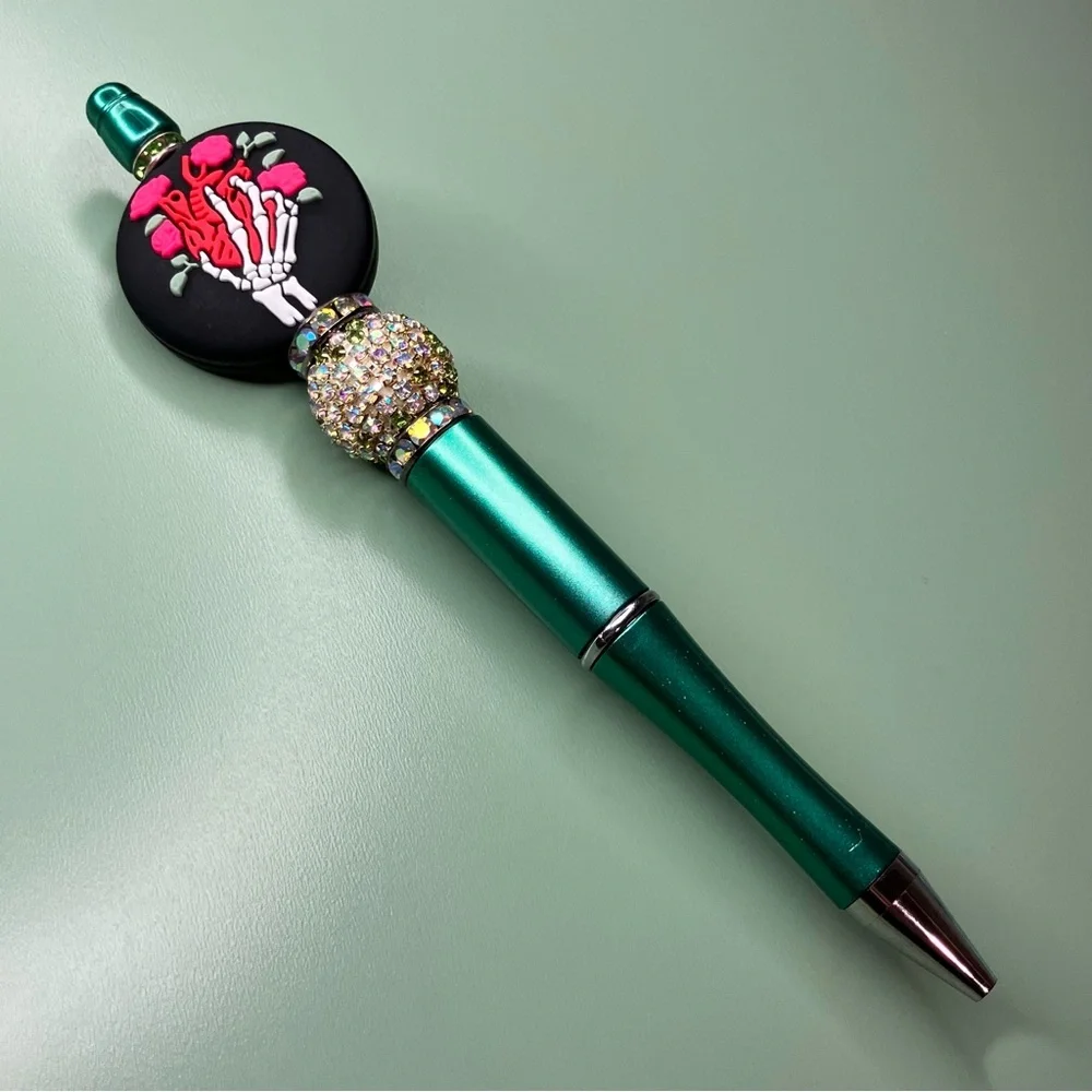 Gothic Skeleton Hand Holding Anatomical Heart & Roses Handmade Beaded Pen
